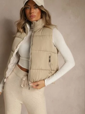 Ciemnobeżowa Kamizelka Ozdobiona Pikowaniem i Wzorzystą Podszewką w Meander Olerea j.style