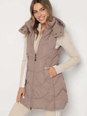 Ciemnobeżowa Kamizelka z Odpinanym Kapturem Ozdobiona Pikowaniem Tulira swest