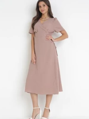 Ciemnobeżowa Kopertowa Sukienka Midi z Materiałowym Paskiem Rahellitte cflo