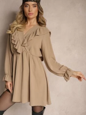 Ciemnobeżowa Kopertowa Sukienka z Żabotem Ozdobiona Falbankami Melosia new collection