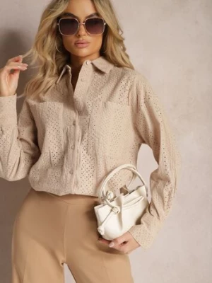 Ciemnobeżowa Koszula z Wiskozy Luźna z Ażurowymi Zdobieniami Assentima bisou's project