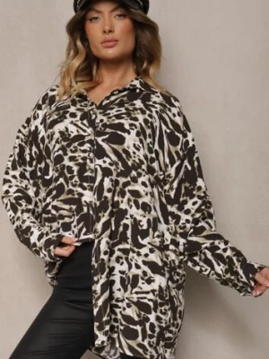 Ciemnobeżowa Koszula z Wiskozy z Lnem i Abstrakcyjnym Wzorem Emariline melya by melody