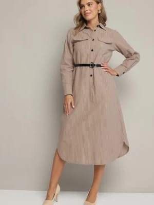 Ciemnobeżowa Koszulowa Sukienka na Guziki z Paskiem i Imitacją Kieszeni Tintarra rosa
