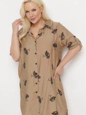 Ciemnobeżowa Koszulowa Sukienka z Guzikami i Regulowanymi Rękawami Xatella j&x