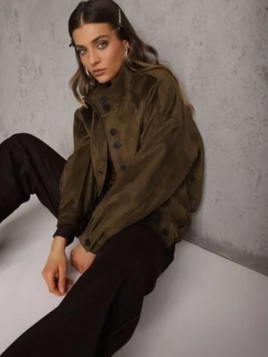 Ciemnobeżowa Kurtka Bomber Jacket Ozdobiona Guzikami Quilimi