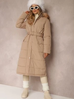 Ciemnobeżowa Kurtka Długa z Paskiem i Kapturem Pikowana Nilme jusdepom