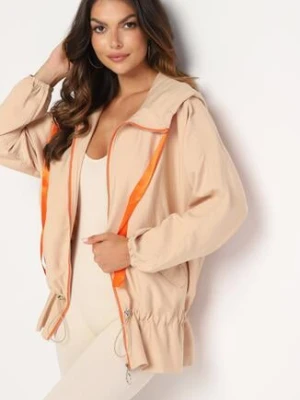 Ciemnobeżowa Kurtka Jednorzędowa z Bawełną Kapturem i Wstążką Zakończona Ściągaczem Martinis h&s