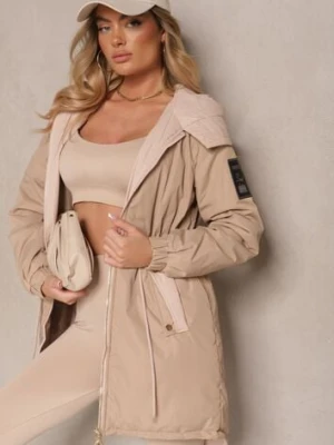 Ciemnobeżowa Kurtka o Kroju Parki z Kapturem i Ściągaczem w Talii Zizana swest