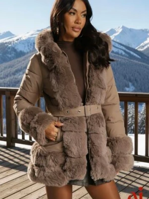 Ciemnobeżowa Kurtka o Taliowanym Kroju z Paskiem Kapturem i Futerkiem Ranalia swest