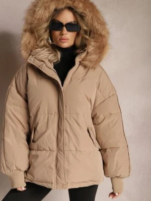 Ciemnobeżowa Kurtka Oversize z Futrzanym Kapturem Haduni
