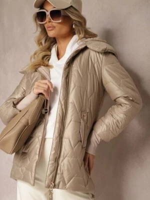 Ciemnobeżowa Kurtka Ozdobiona Pikowaniem z Rękawami Zakończonymi Ściągaczami i Kapturem Celosira swest