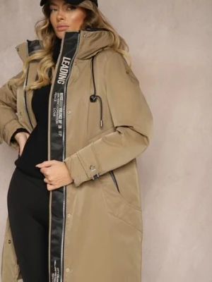 Ciemnobeżowa Kurtka Parka o Pudełkowym Kroju z Kapturem i Kieszeniami Kaionna bh forever