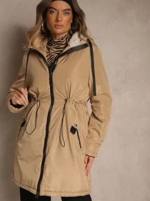 Ciemnobeżowa Kurtka Parka w Stylu Casual Ocieplana Futerkiem Olleania j.style