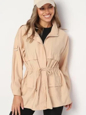 Ciemnobeżowa Kurtka Parka z Bawełną Ściągana w Pasie Troczkiem Zapinana na Napy Velethra h&s