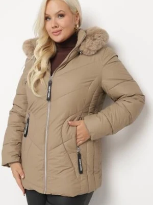 Ciemnobeżowa Kurtka Pikowana z Odpinanym Kapturem i Futerkiem Ittella swest