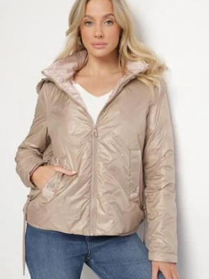 Ciemnobeżowa Kurtka Pikowana z Odpinanym Kapturem i Ściągaczami po Bokach Nusarianis swest