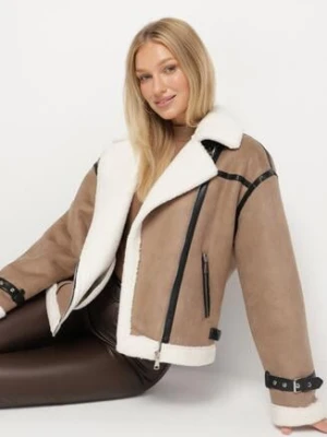 Ciemnobeżowa Kurtka Ramoneska Biker z Futerkiem i Paskami z Klamrami Mandrie j.style