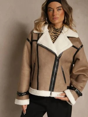 Ciemnobeżowa Kurtka Ramoneska w Stylu Biker z Kożuszkiem i Sprzączkami Mendrie j.style