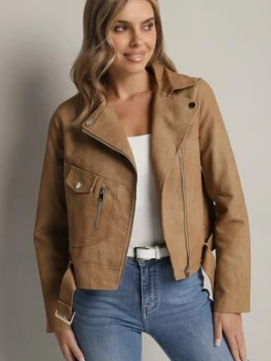 Ciemnobeżowa Kurtka Ramoneska z Kieszeniami i Paskiem z Klamrą Polvila ann gissy