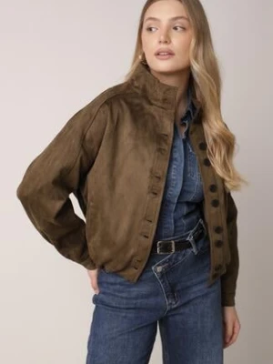 Ciemnobeżowa Kurtka w Stylu Bomberki z Ozdobnymi Guzikami Polimi