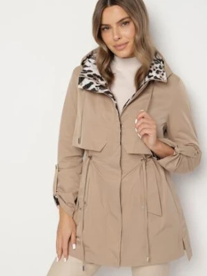 Ciemnobeżowa Kurtka w Stylu Parki z Odpinanym Kapturem i Ozdobną Podszewką Ismerife swest