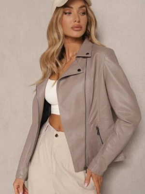 Ciemnobeżowa Kurtka w Stylu Ramoneski z Suwakiem i Napami Mevira rosse line