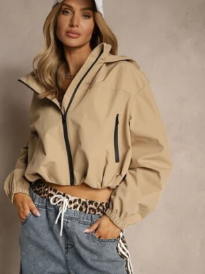 Ciemnobeżowa Kurtka w Stylu Streetwear z Kapturem Oversize Nativiona ann gissy