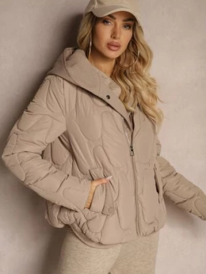 Ciemnobeżowa Kurtka z Materiałowym Kapturem i Kieszeniami Zdobiona Pikowanymi Przeszyciami Ravathrias swest