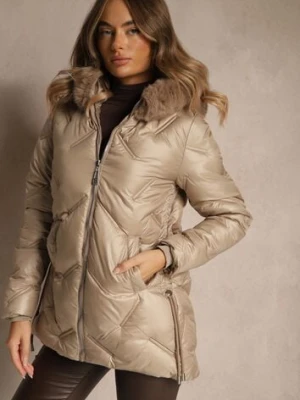 Ciemnobeżowa Kurtka z Ozdobnym Pikowaniem i Kapturem z Futrem Naliavea swest