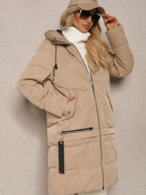 Ciemnobeżowa Kurtka z Pikowaniem o Prostym Fasonie z Kapturem Kieszeniami i Ozdobnym Suwakiem Mirimae bh forever