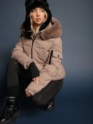 Ciemnobeżowa Kurtka z Pikowanym Przeszyciem i Odpinanym Kapturem z Futrem i Długimi Mankietami Zinitha swest