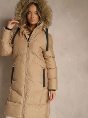 Ciemnobeżowa Kurtka z Pikowanymi Przeszyciami i Kapturem z Futrem Alandrie j.style