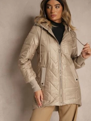 Ciemnobeżowa Kurtka z Pikowanymi Przeszyciami Kapturem i Dłuższym Tyłem Tuleina swest