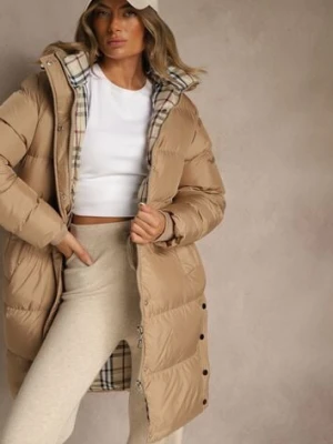 Ciemnobeżowa Kurtka z Pikowanymi Przeszyciami o Długim Fasonie z Kapturem Gineffa j.style