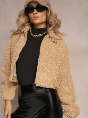 Ciemnobeżowa Kurtka ze Sztucznego Futra w Stylu Baranka z Klamrą i Paskiem Bomica bludeise