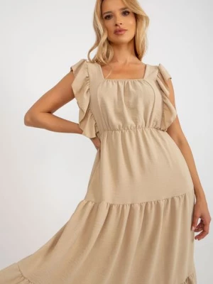 Ciemnobeżowa midi sukienka z falbaną Italy Moda