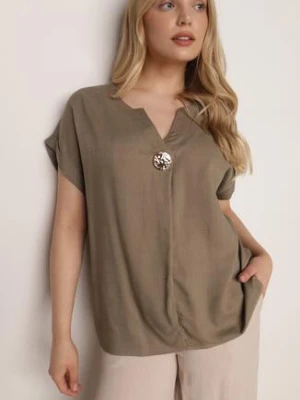 Ciemnobeżowa Nietoperzowa Bluzka z Krótkim Rękawem z Lnem i Wiskozą Isirtila rosita