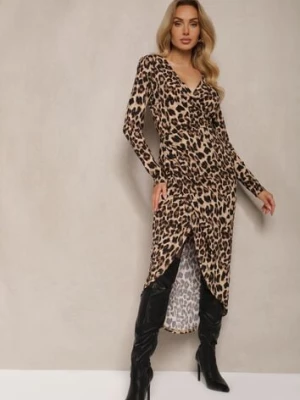 Ciemnobeżowa Panterkowa Dopasowana Sukienka Kopertowa z Gumką w Pasie Nikizia retro & icone