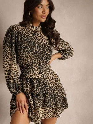 CIemnobeżowa Panterkowa Taliowana Sukienka o Rozkloszowanym Kroju Ozdobiona Falbanami Liloren retro & icone