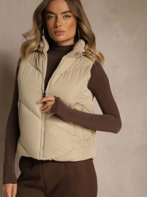 Ciemnobeżowa Pikowana Kamizelka Casual z Kapturem Olanissa j.style
