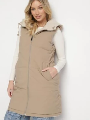 Ciemnobeżowa Pikowana Kamizelka Dwustronna z Futerkiem Typu Baranek i Kapturem Lertiala j.style