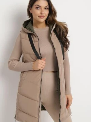 Ciemnobeżowa Pikowana Kamizelka Dwustronna z Kapturem i Sznurkami Leorani swest