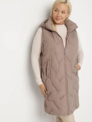 Ciemnobeżowa Pikowana Kamizelka z Kapturem i Kieszeniami Esarivie swest