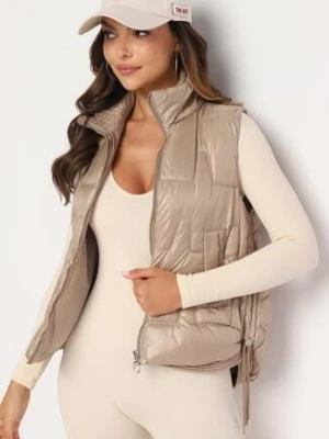 Ciemnobeżowa Pikowana Kamizelka ze Stójką i Troczkami Terilanna swest