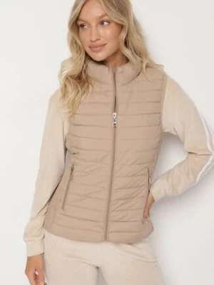 Ciemnobeżowa Pikowana Kamizelka ze Stójką i Zasuwanymi Kieszeniami Lorenith swest