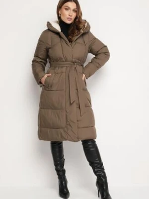 Ciemnobeżowa Pikowana Kurtka o Długim Kroju z Kapturem i Wiązanym Paskiem Neandira rosse line