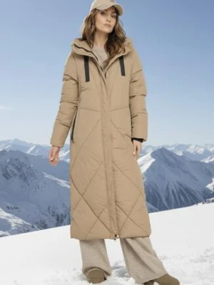 Ciemnobeżowa Pikowana Kurtka o Długim Pudełkowym Kroju z Kapturem i Kieszeniami Attesina jstyle