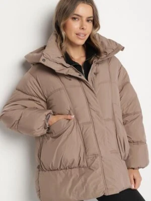 Ciemnobeżowa Pikowana Kurtka o Kroju Oversize z Kapturem Galandia swest