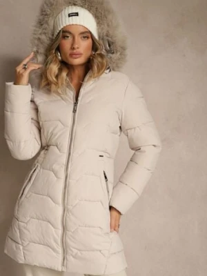 Ciemnobeżowa Pikowana Kurtka o Taliowanym Kroju z Kapturem z Futerkiem Mindria romee's