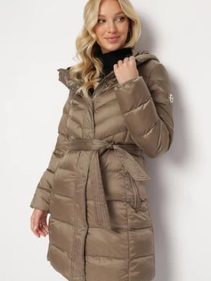 Ciemnobeżowa Pikowana Kurtka przed Kolano z Wiązanym Paskiem Minenora glo-story